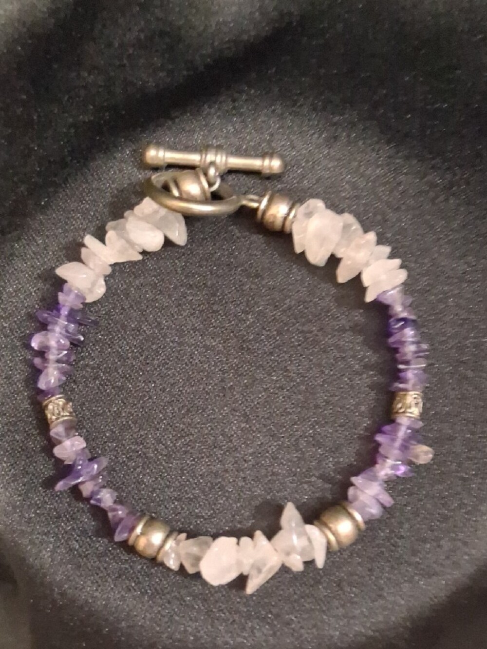 Amethyst and Quartz Beaded Toggle Bracelet - Purple White Silver